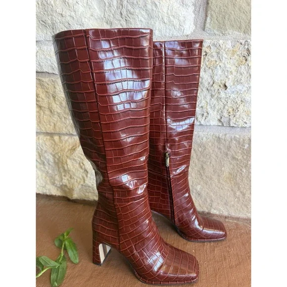 Sam Edelman RARE Raekel Croc-embossed Spiced Red Leather Block Heel Tall Boot 8M - Picture 4 of 11